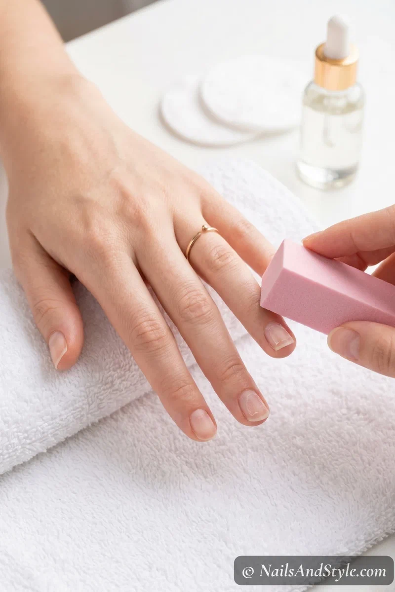 Gently buffing leftover nail glue from natural nails with a fine buffer block