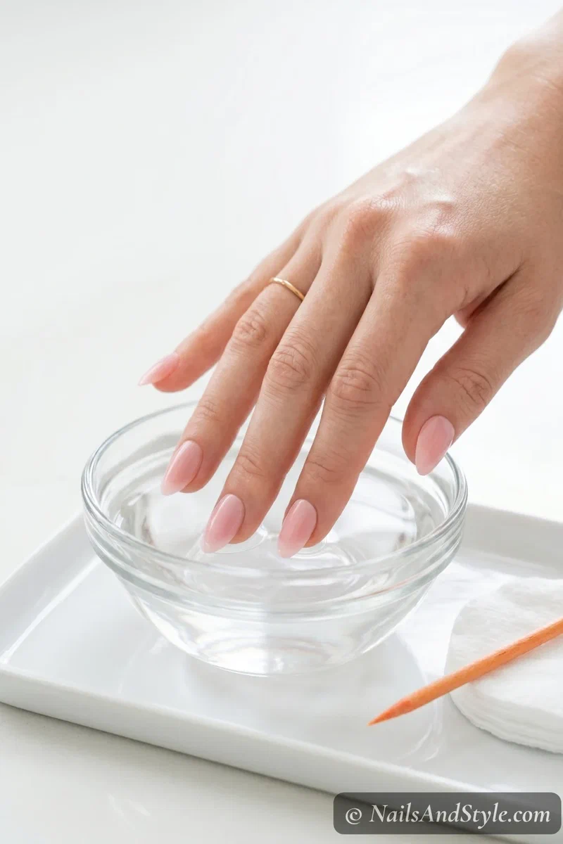 Fingertips soaking in acetone in a small glass bowl for press-on nail removal