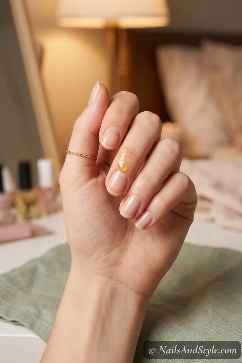 Cuticle oil being applied to natural nails after press-on removal for recovery