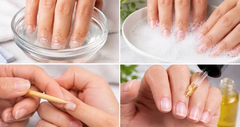 Collage showing three methods of safely removing press-on nails at home