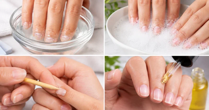 Collage showing three methods of safely removing press-on nails at home