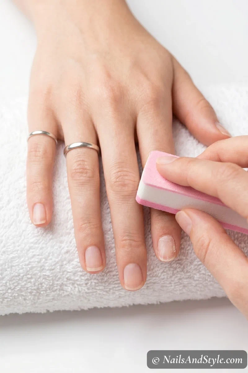 Natural nails being gently buffed to remove remaining press-on nail glue residue