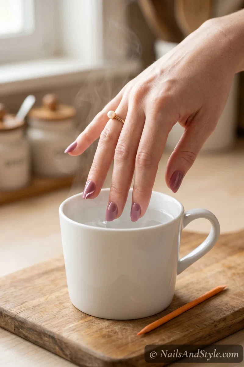 Hands soaking in hot water for press-on nail removal with orange wood stick nearby