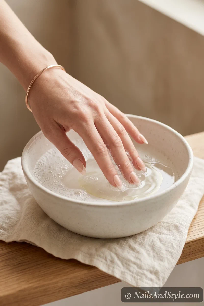 Hands soaking in warm soapy water with oil for gentle press-on nail removal