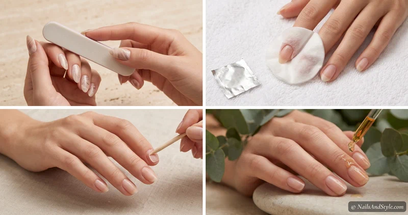 Collage showing safe nail sticker removal steps — buffing the shine, an acetone foil soak, easing a sticker off with a wooden stick, and healthy bare nails with cuticle oil