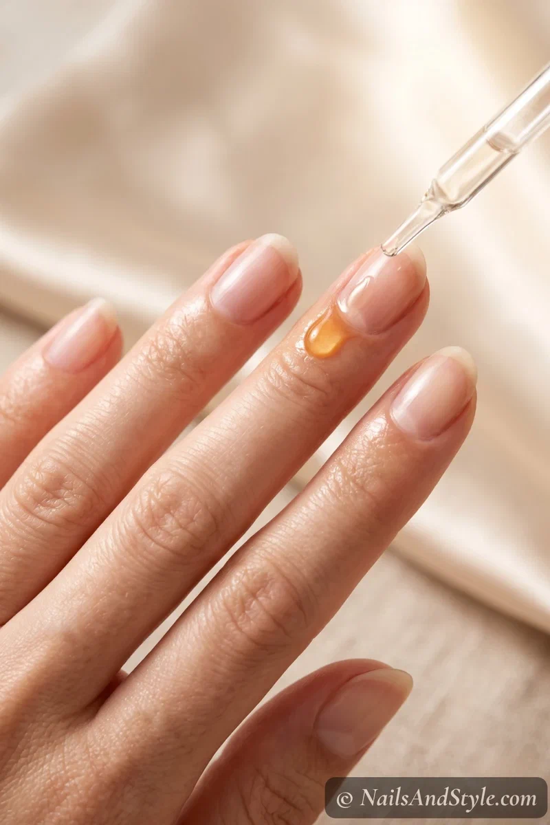 A glass dropper releasing a drop of amber cuticle oil onto a healthy natural nail as aftercare