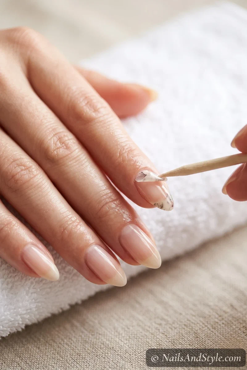 A wooden cuticle stick gently easing a softened nail wrap off a natural nail without force