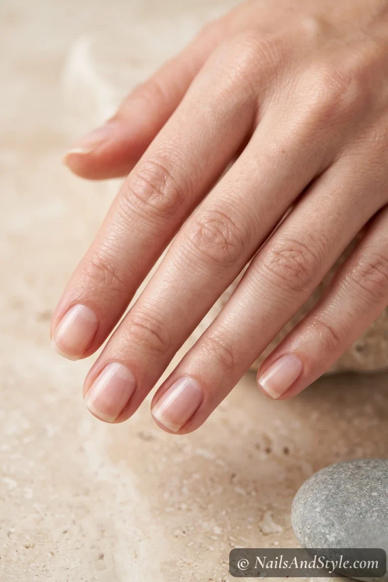 Healthy, smooth, undamaged short natural nails after safe sticker removal, buffed clean with a soft natural sheen