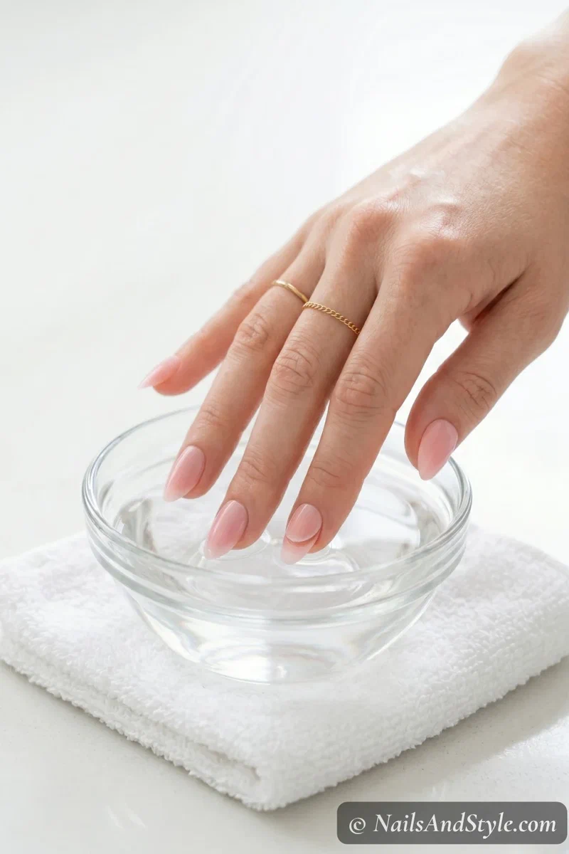 Fingertips soaking in pure acetone in a glass bowl to dissolve press-on nail glue
