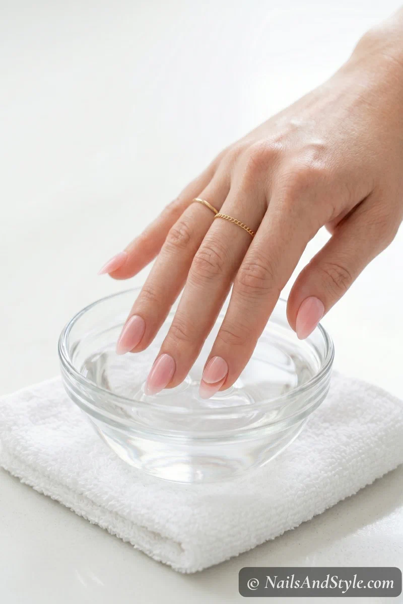 Fingertips soaking in pure acetone in a glass bowl to dissolve press-on nail glue