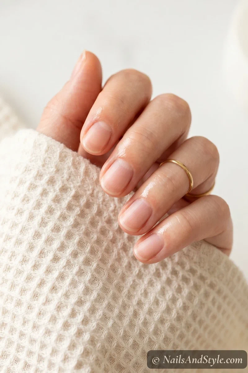 Clean healthy natural nails after press-on removal with cuticle oil freshly applied