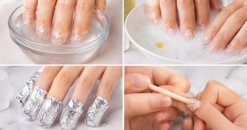 Collage showing safe press-on nail removal methods including soaking and gentle lifting