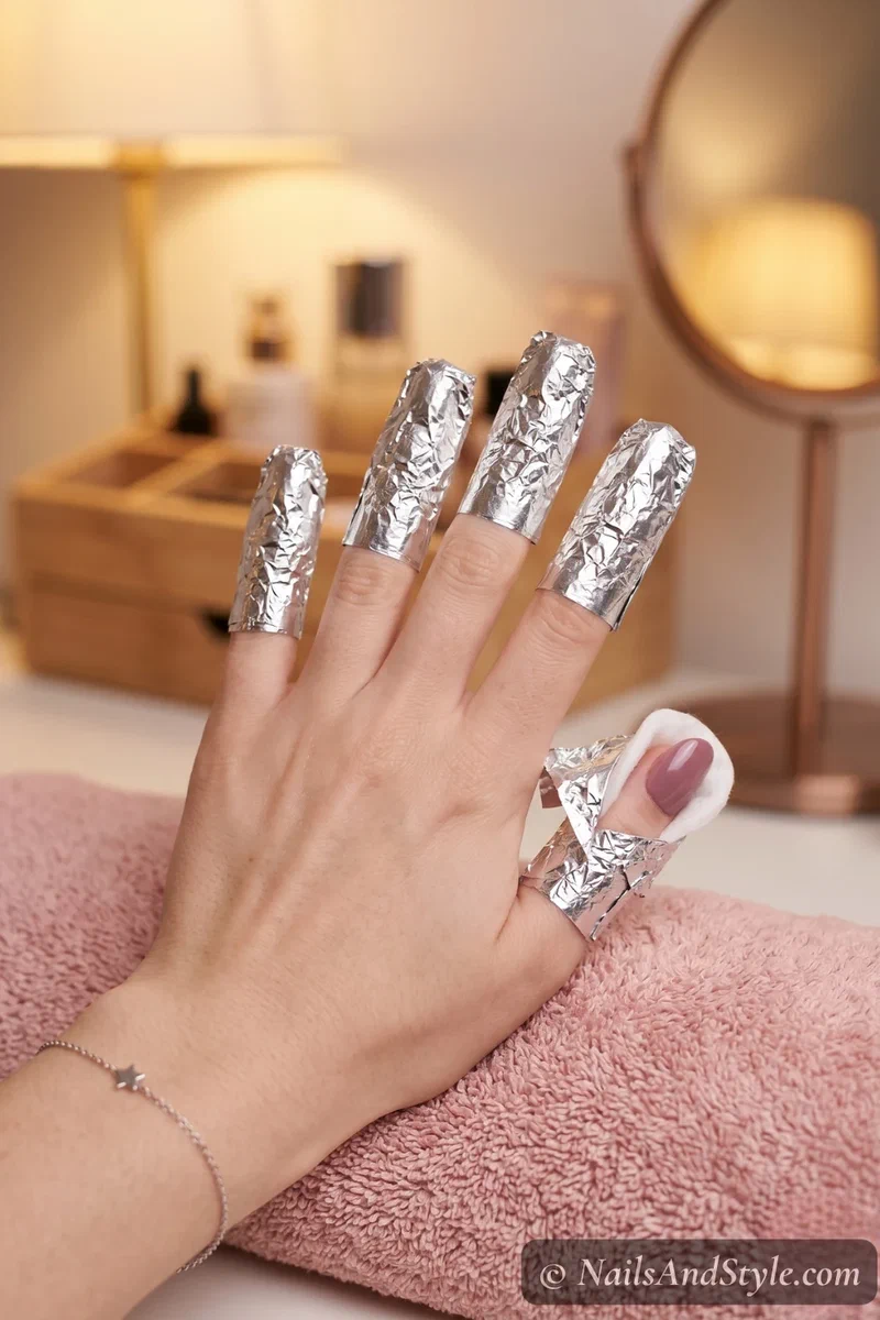 Fingers wrapped in aluminum foil with acetone-soaked cotton for press-on nail removal