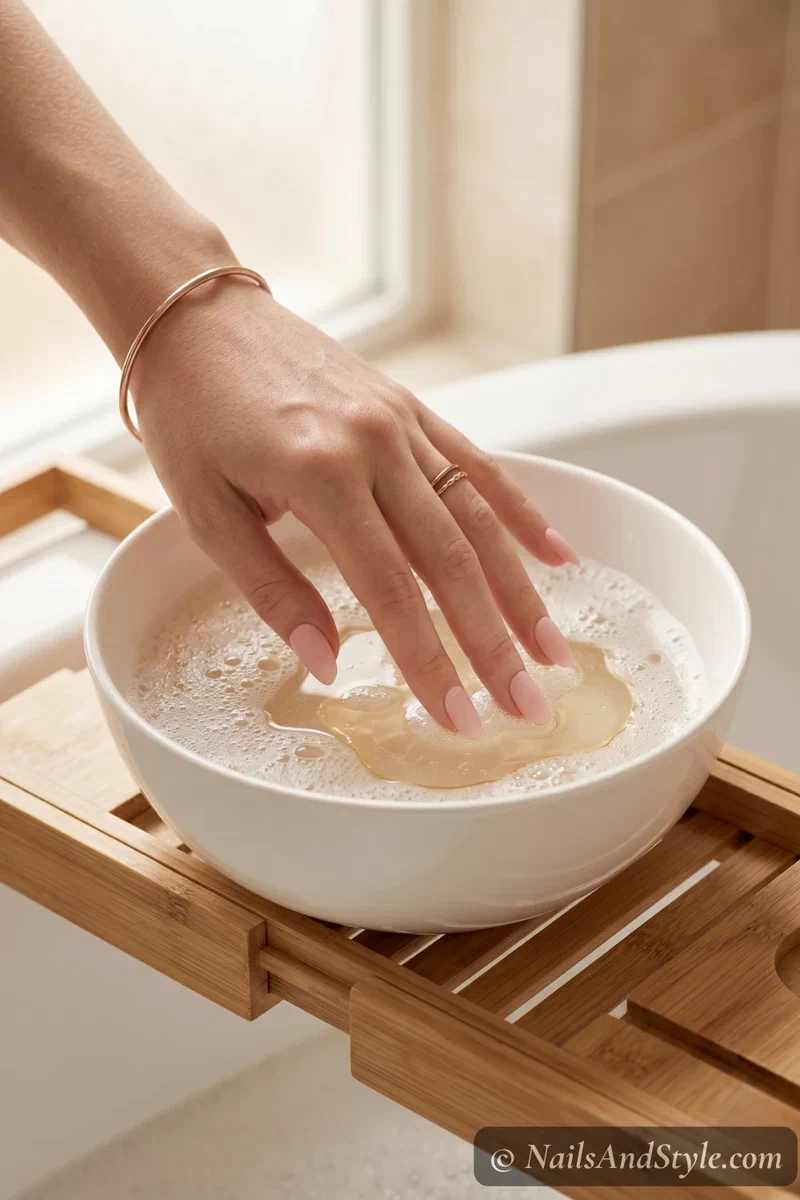 Hands soaking in warm soapy water with oil for press-on nail removal without acetone