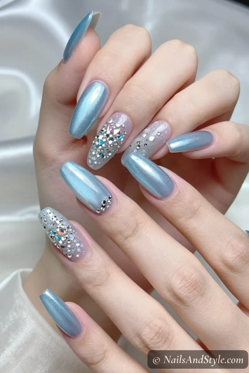 Icy blue chrome nails with a clear rhinestone crystal accent nail