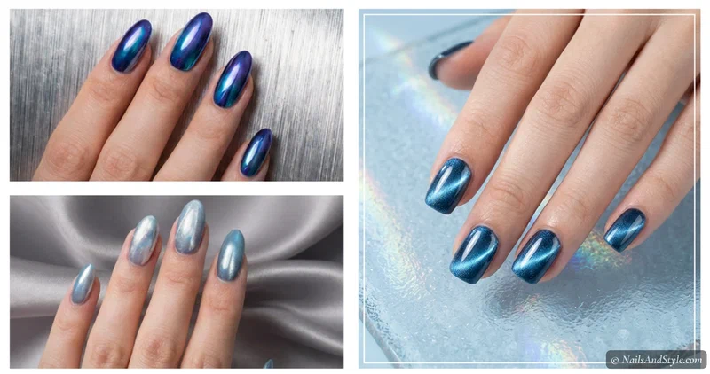 Collage of four icy blue chrome nail looks including mirror chrome, baby blue ombré, glazed blueberry, and blue cat-eye