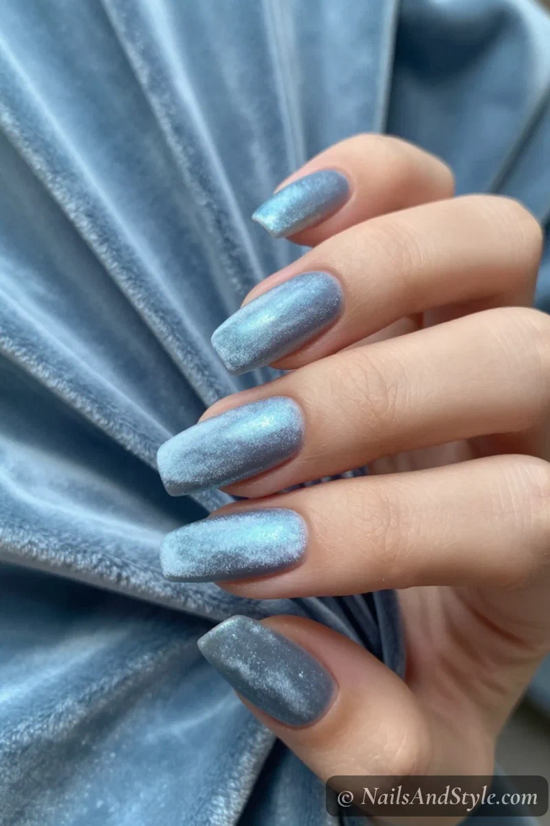Frosted blue velvet chrome nails with a soft brushed shimmer