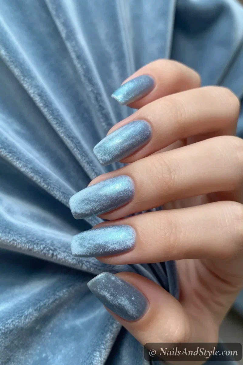Frosted blue velvet chrome nails with a soft brushed shimmer