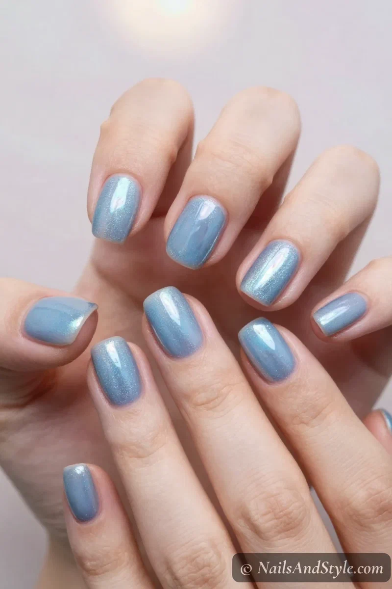 Milky blue glazed chrome nails with a soft pearl sheen