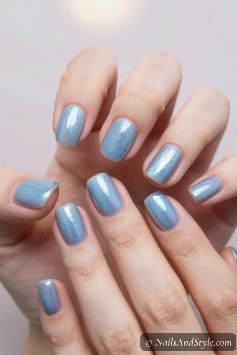 Milky blue glazed chrome nails with a soft pearl sheen