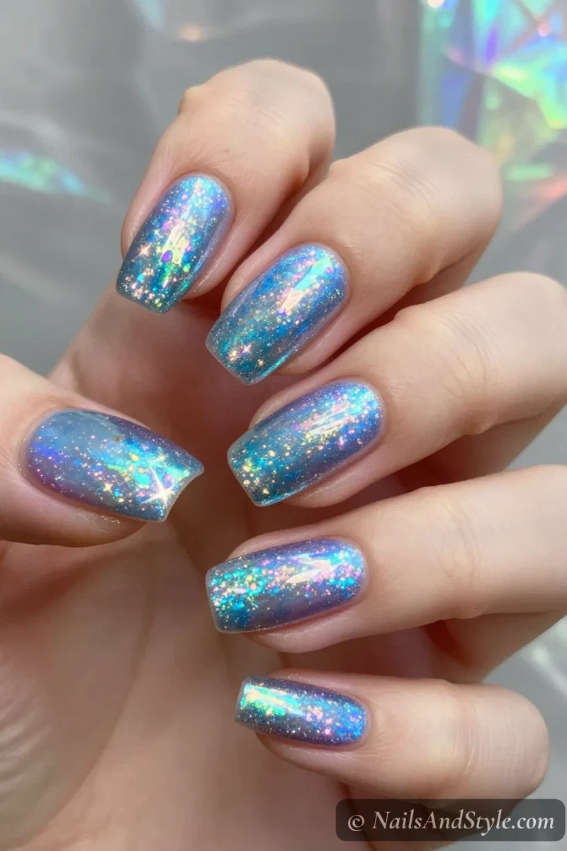 Holographic icy blue chrome nails flashing rainbow shimmer