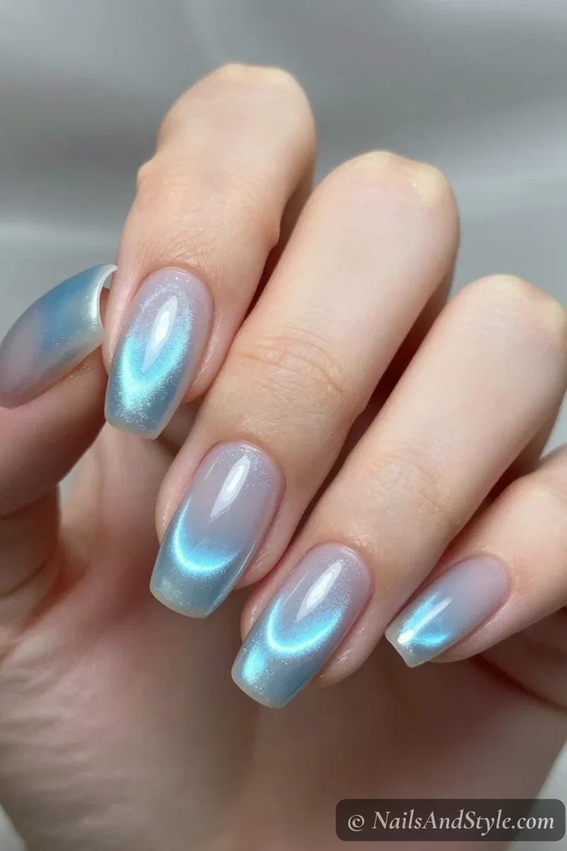 Icy blue chrome aura nails with a glowing chrome center