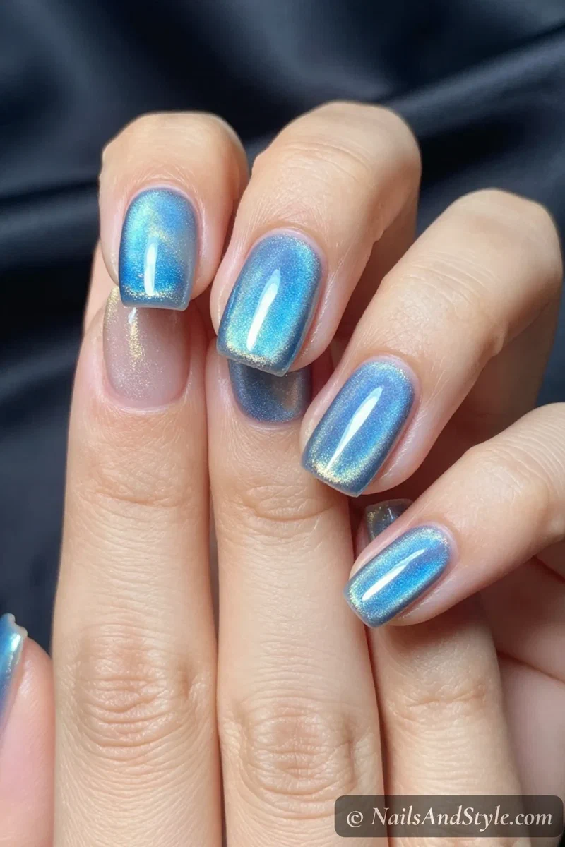 Blue cat-eye chrome nails with a glowing strip of light