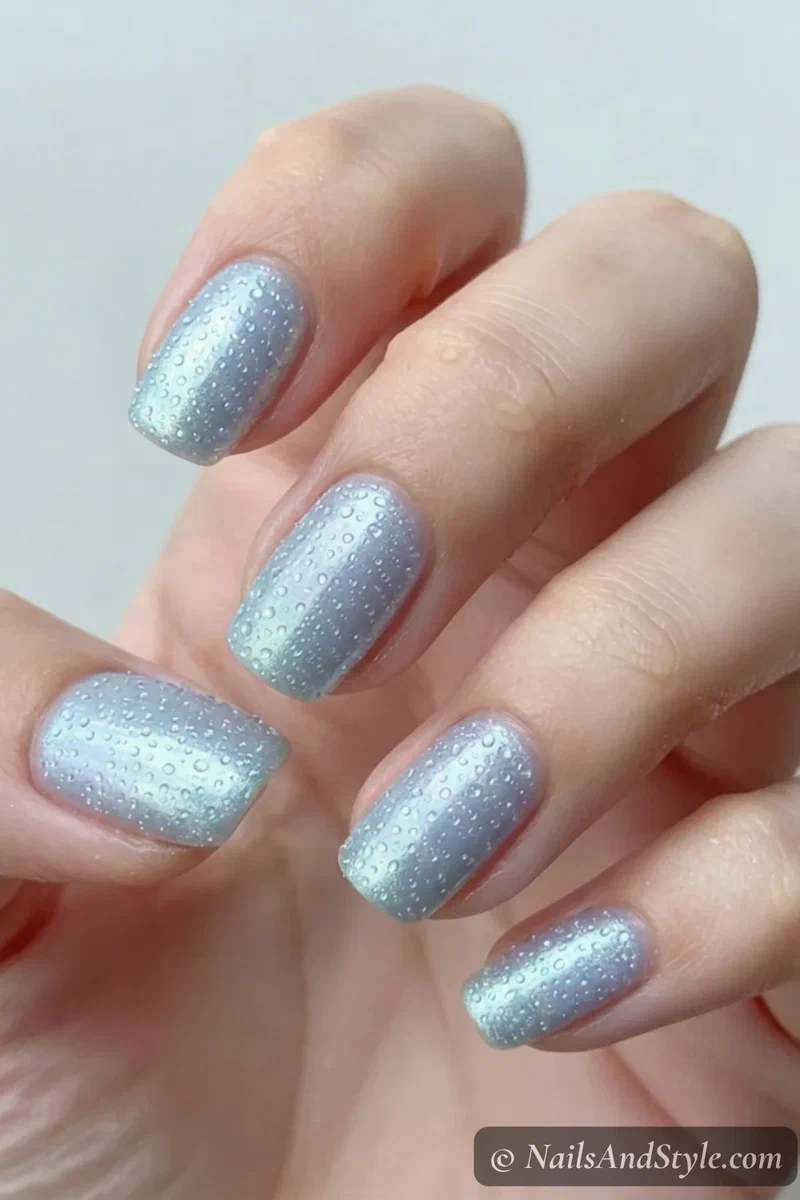 Icy blue chrome nails with clear 3D water droplet details