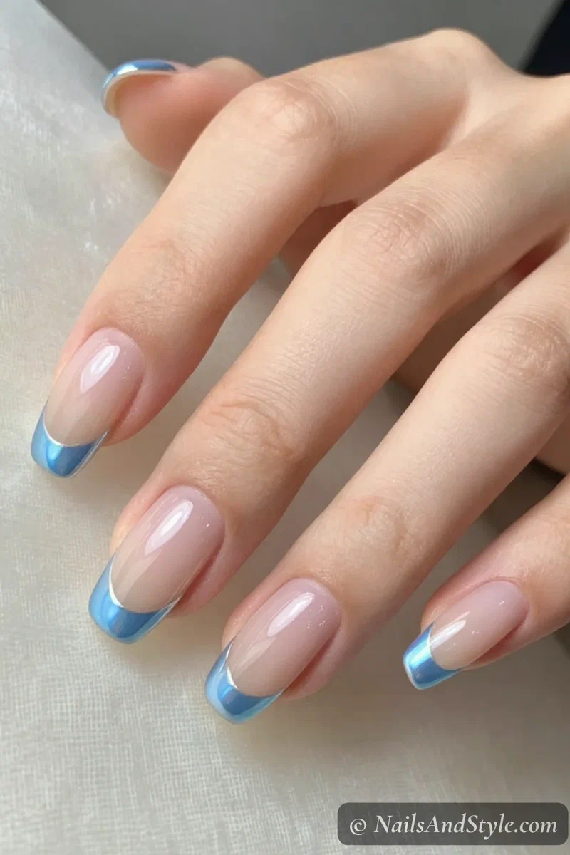 Nude nails with icy blue chrome French tips