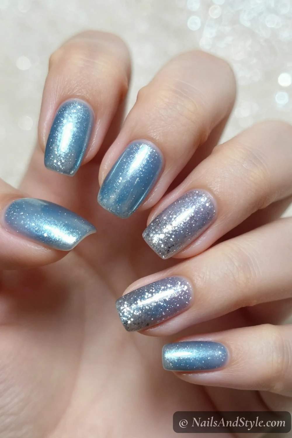 Icy blue chrome nails with silver glitter accents
