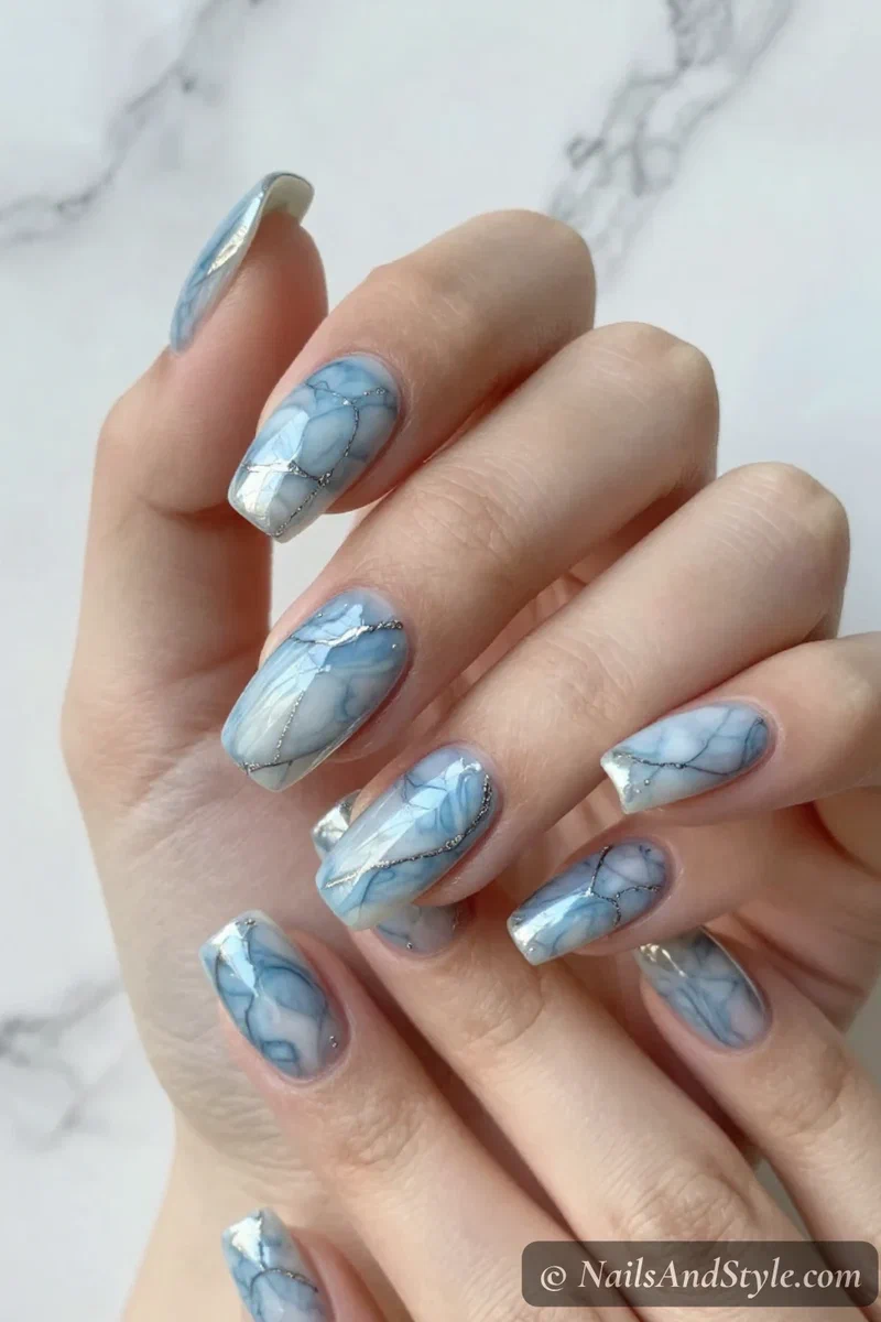 Icy blue and white marble nails with a chrome overlay
