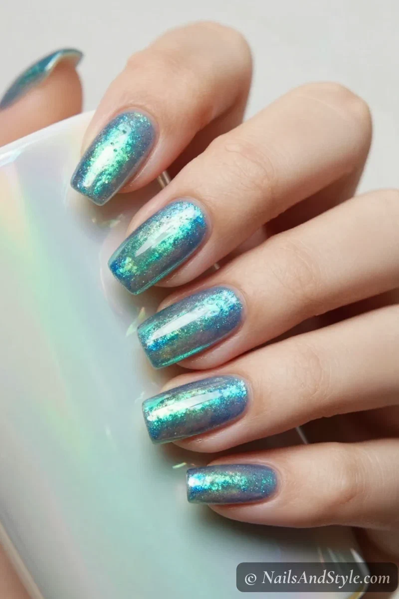 Mermaid chrome nails shifting between icy blue and teal green