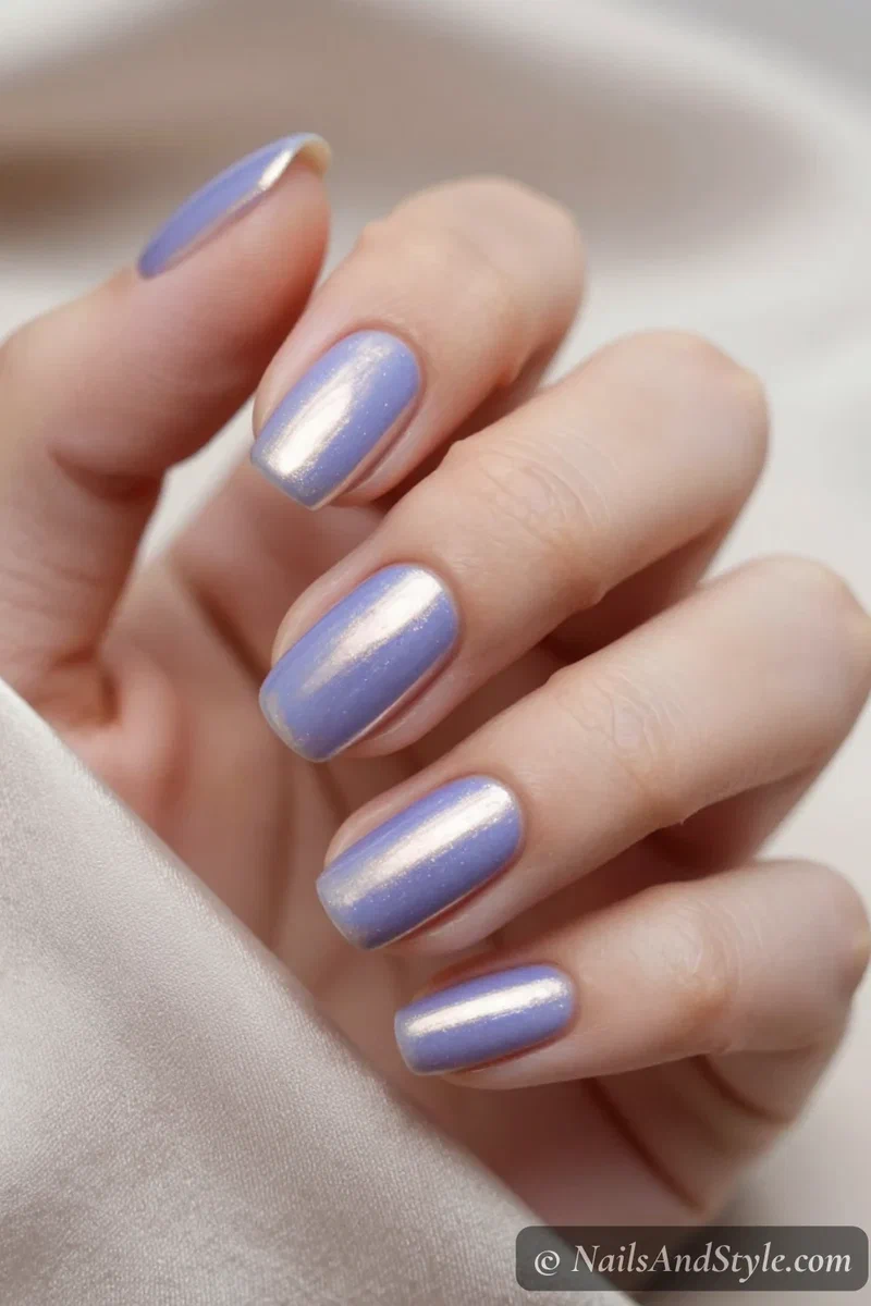 Periwinkle blue-lavender chrome nails with a soft metallic sheen