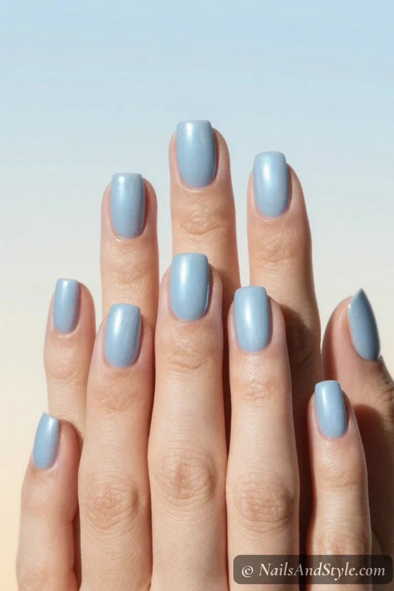 Soft powder blue satin chrome nails