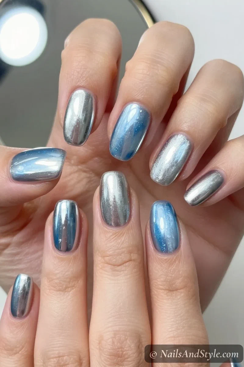 Alternating silver and icy blue chrome nails