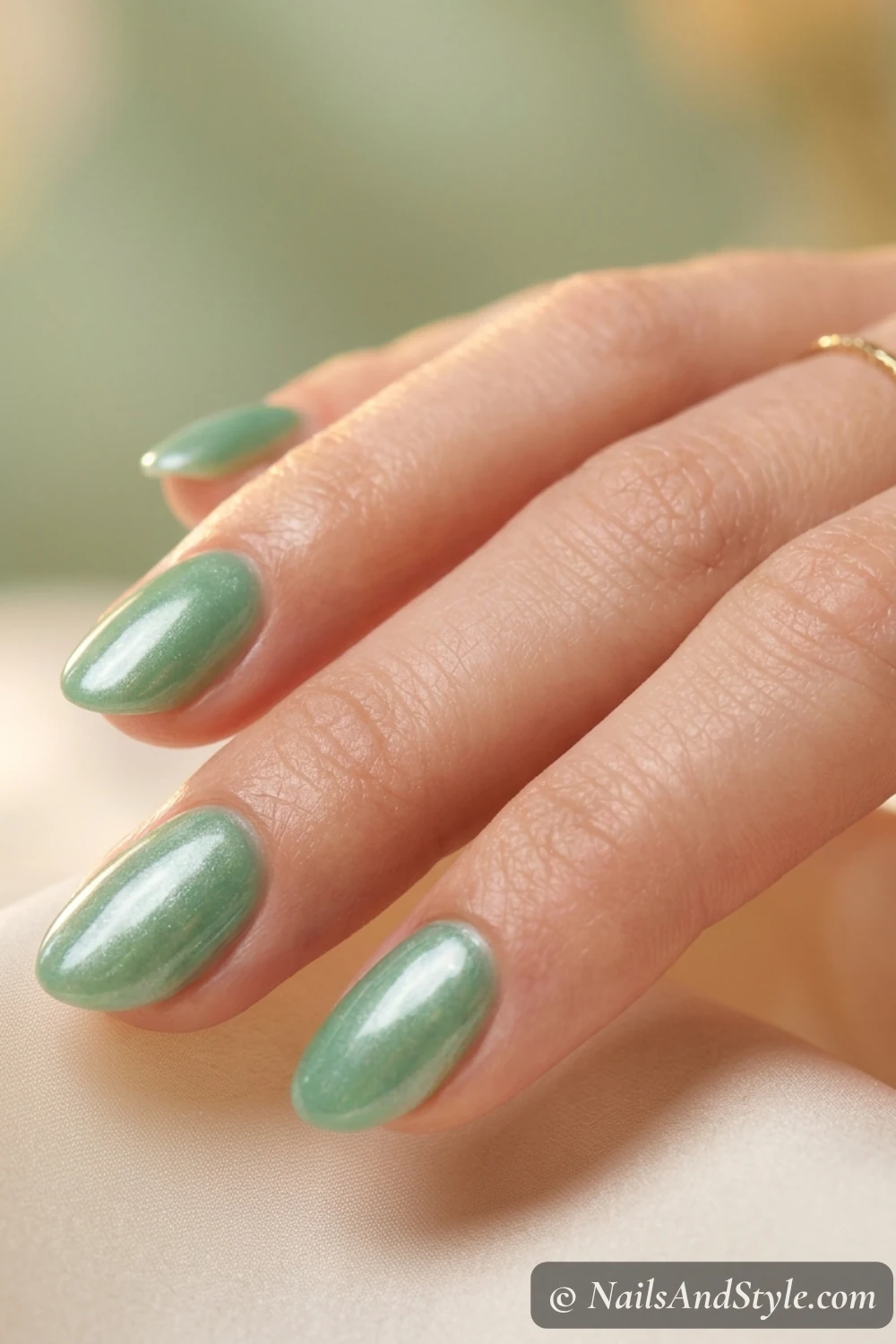 Soft jade green nails with a glazed shimmer