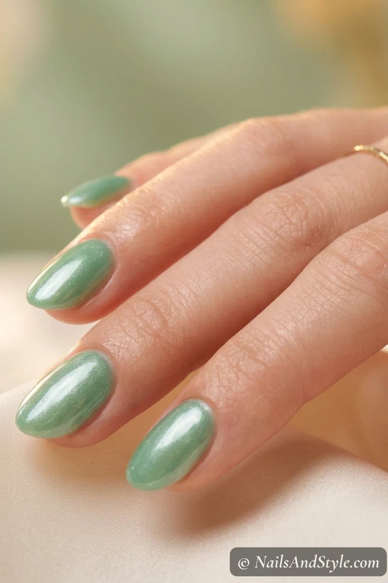 Soft jade green nails with a pearly glazed shimmer