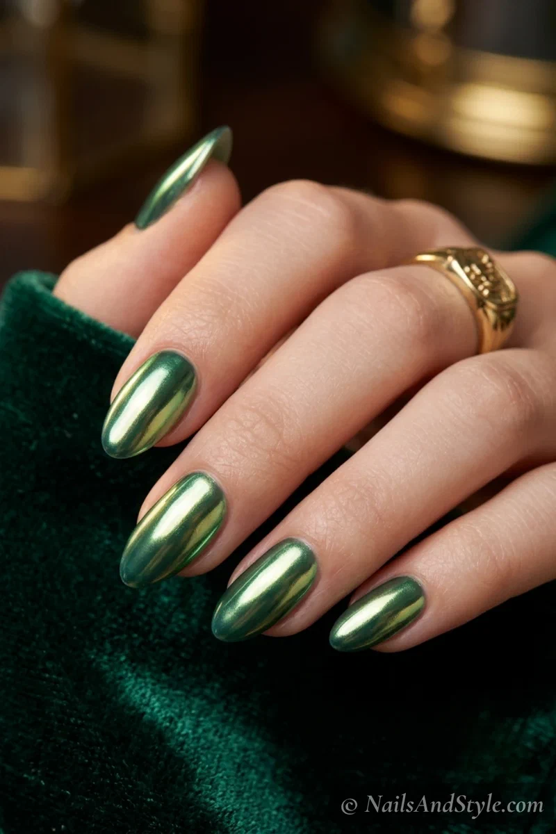 Deep emerald jade chrome mirror nails