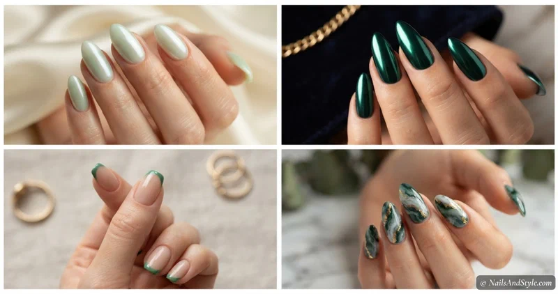 Collage of jade green nail designs including glazed jade, emerald chrome, jade French tips, and jade marble