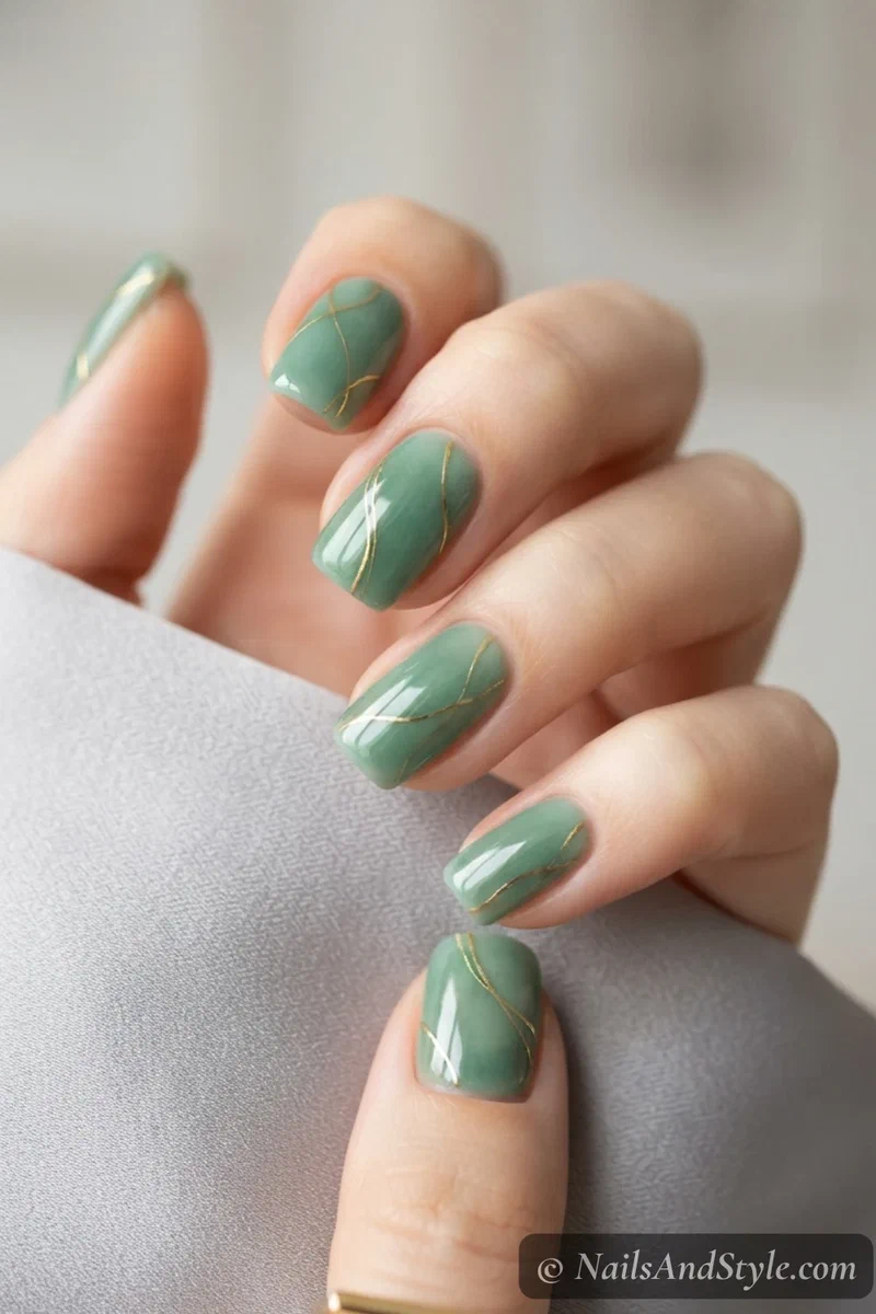 Milky jade nails with thin gold abstract lines