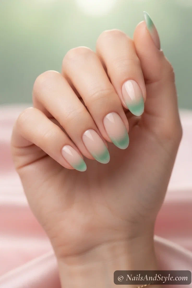 Nude nails with soft jade aura French tips