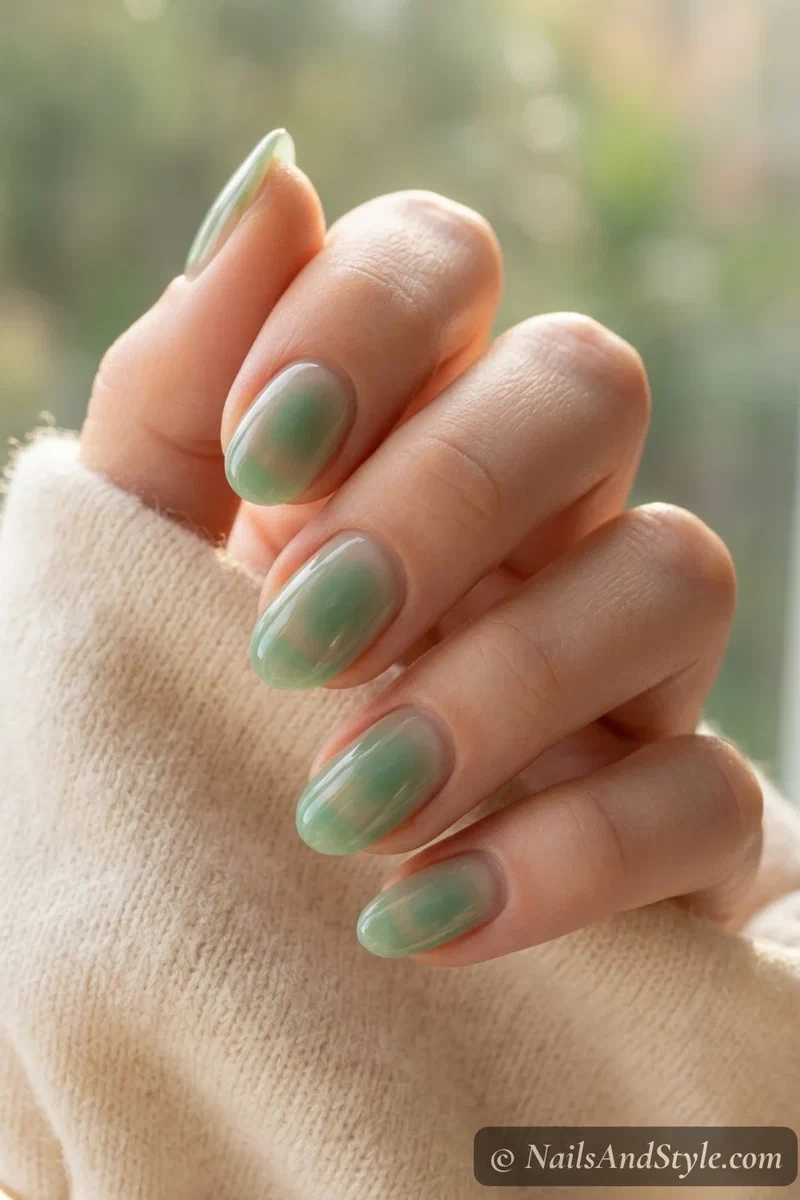 Nude nails with a soft jade aura glow center