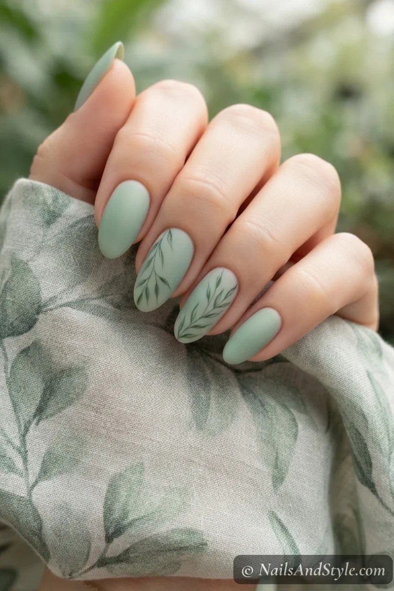 Jade green nails with painted leaf sprigs