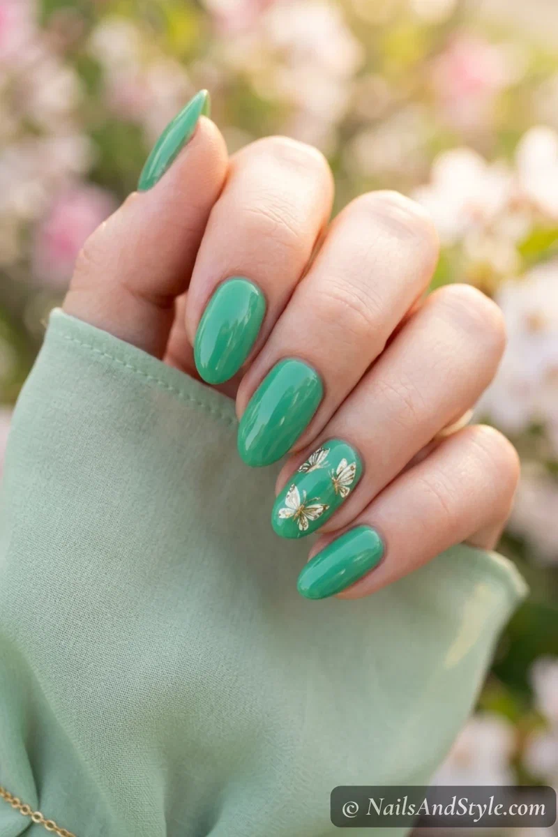 Jade green nails with a butterfly accent nail