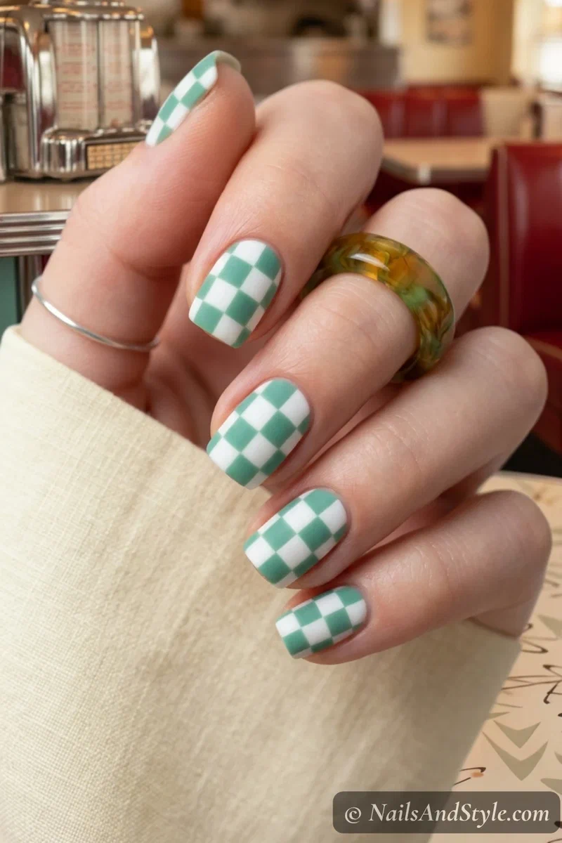Jade green and white checkerboard nails