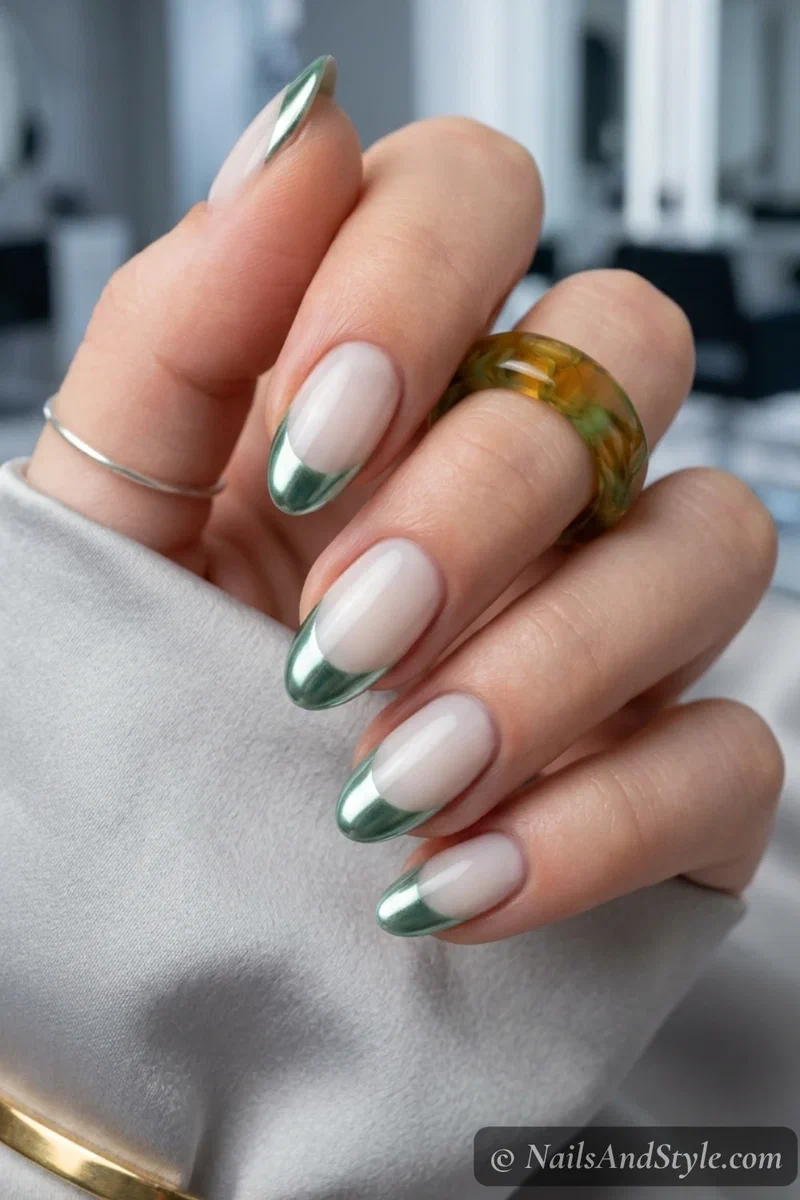 Milky nails with jade chrome French tips