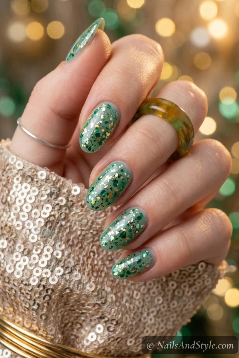Jade green nails with chunky confetti glitter