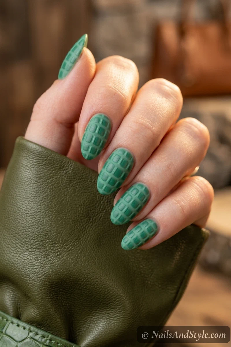 Tonal jade green croc print nails