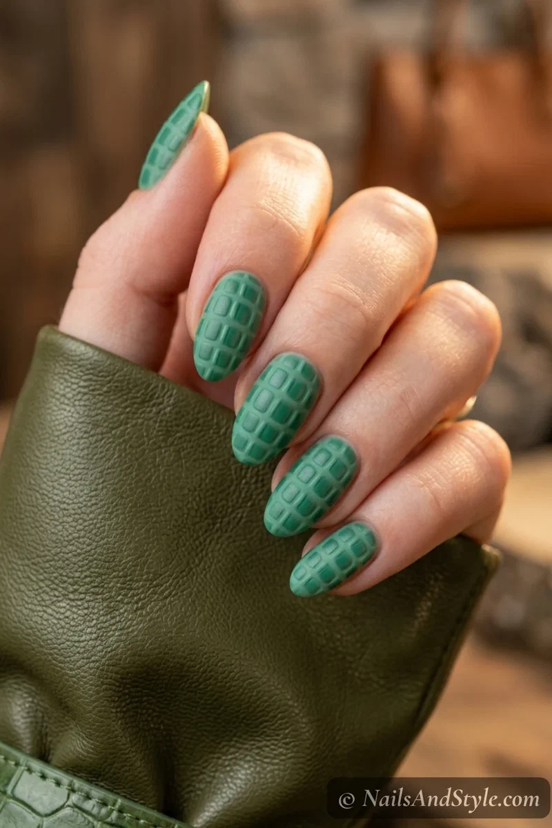 Tonal jade green croc print nails