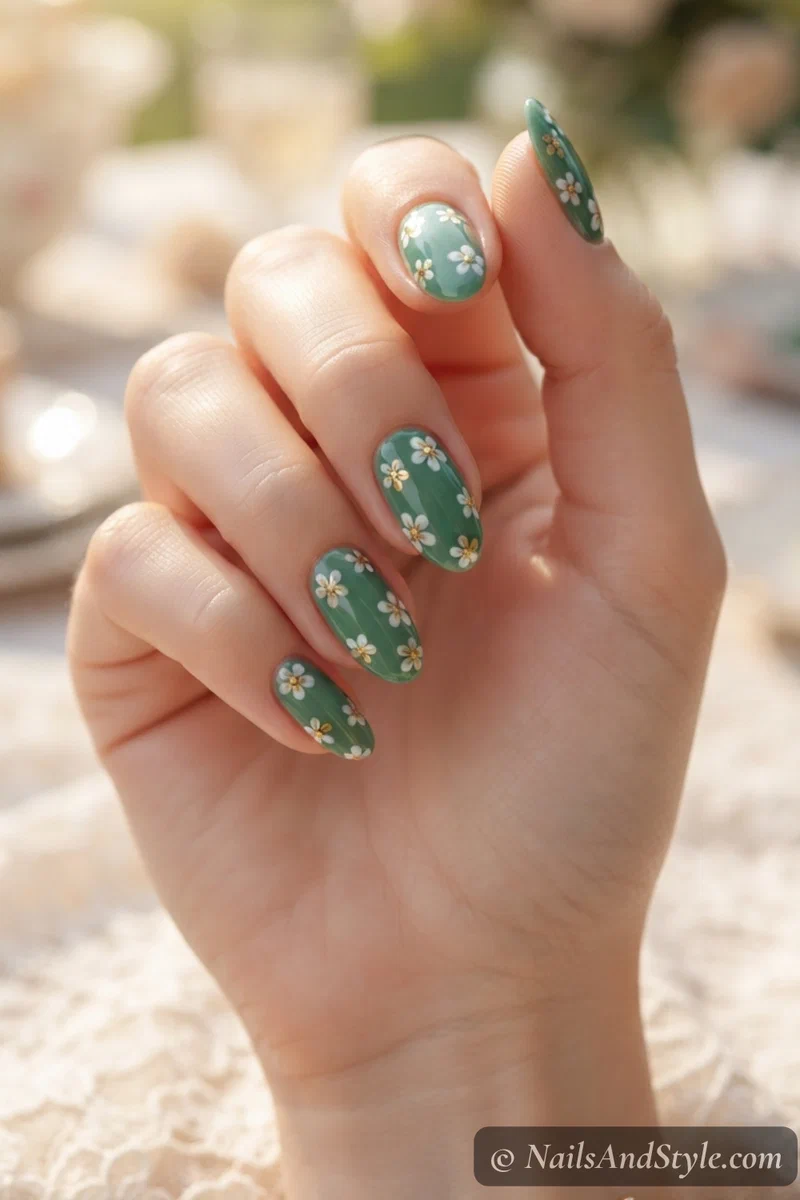 Jade green nails with white and gold flowers